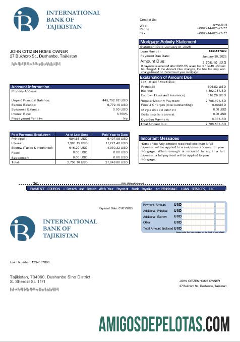 Extrato de hipoteca do Tajiquistão ITB Bank em formatos Word e PDF modelo